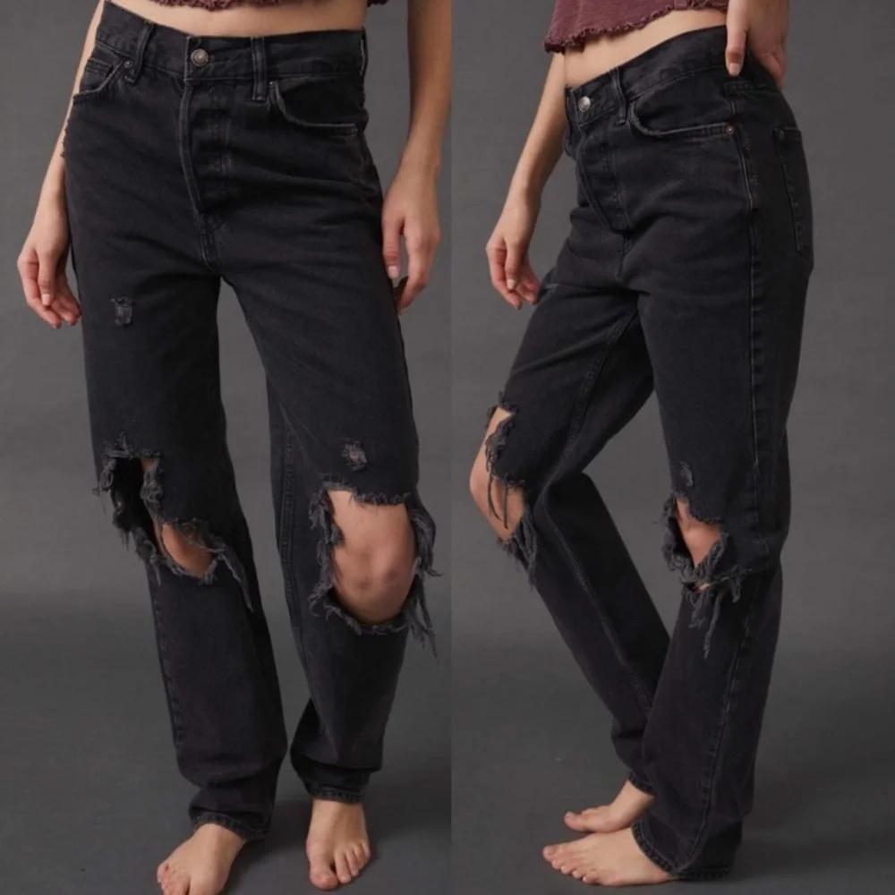 Free People Black High-Rise Distressed Jeans (Lasso)